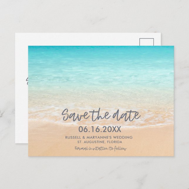 Cartão Postal De Anúncio Beach Wedding Save the Date Postcard (Frente/Verso)