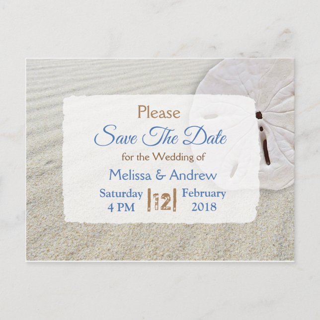 Cartão Postal De Anúncio Beachy Sand Dollar Themed Weding Date (Frente)