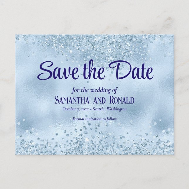 Cartão Postal De Anúncio Bebê Elegante Azul Brilho e Folha de Ouro Casament (Frente)