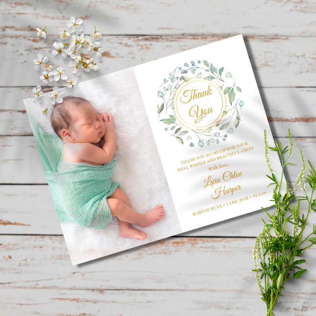 Cartão Postal De Anúncio Bebê Foto Greenery Floral Dourado Obrigado Nascime (Criador carregado)