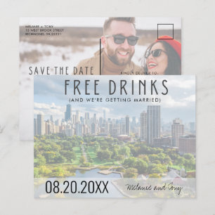 Cartão Postal De Anúncio Bebidas Grátis Casamento Silhueta de Chicago Save 