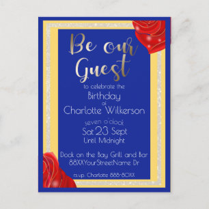 Cartão Postal De Anúncio Bela e a Fera Rosas Vermelhas em Azul e Amarelo