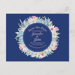 Cartão Postal De Anúncio Belo Casamento Azul de Wreath Salve a Data