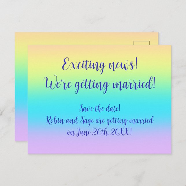 Cartão Postal De Anúncio Belo Casamento Pastel Rainbow Salve-The-Date (Frente/Verso)
