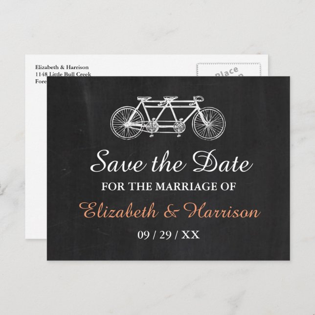 Cartão Postal De Anúncio Bicicleta Tandem No Casamento De Chalkboard Salvar (Frente/Verso)