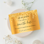 Cartão Postal De Anúncio Birthday party gold glitter drips save the date<br><div class="desc">A girly and trendy Save the Date card for a 40th (or any age) birthday party. A faux gold background decorated with faux glitter drips, paint dripping look. Personalize and add a date and name/age 40. Black colored letters. The text: Save the Date is written with a large trendy hand...</div>