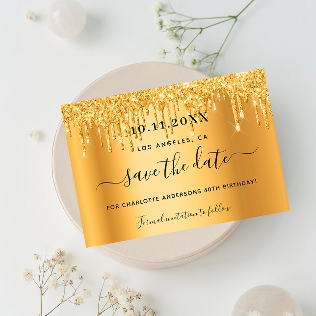 Cartão Postal De Anúncio Birthday party gold glitter drips save the date (Criador carregado)