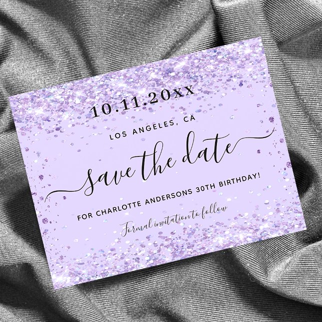 Cartão Postal De Anúncio Birthday violet purple glitter save the date (Criador carregado)