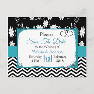 Cartão Postal De Anúncio Black & Blue Floral Hearts Salve o Dia