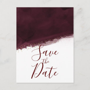Cartão Postal De Anúncio Black Cherry Watercolor Gold Moderno Save the Date