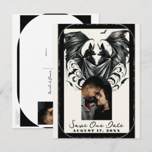 Cartão Postal De Anúncio Black Cream Prata Gótico Morcegos Salve a Data