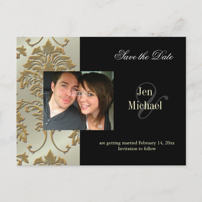 Cartão Postal De Anúncio Black Damask Save the Date Photo postais, (Frente)