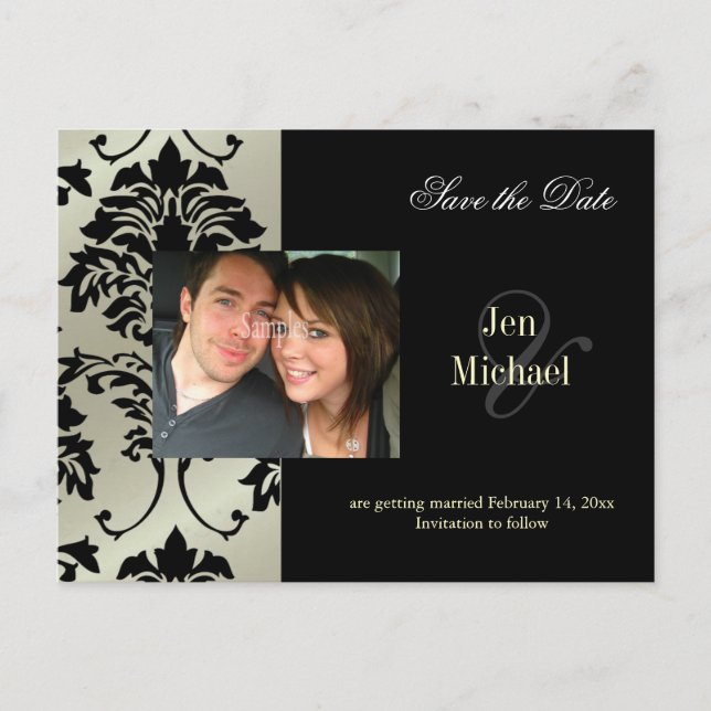 Cartão Postal De Anúncio Black Damask Save the Date Photo postais, (Frente)
