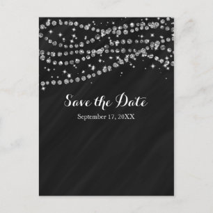 Cartão Postal De Anúncio Black & Silver Faux Diamond Bling Save The Date