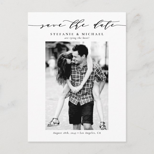 Cartão Postal De Anúncio Black Whimsical Script Photo Save the Date (Frente)