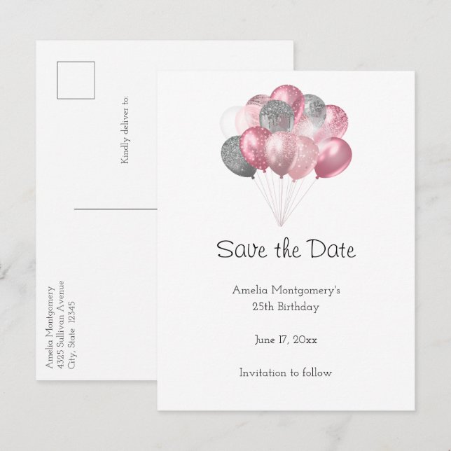 Cartão Postal De Anúncio Bloco de Balões Brilhante, Rosa e Prata (Frente/Verso)