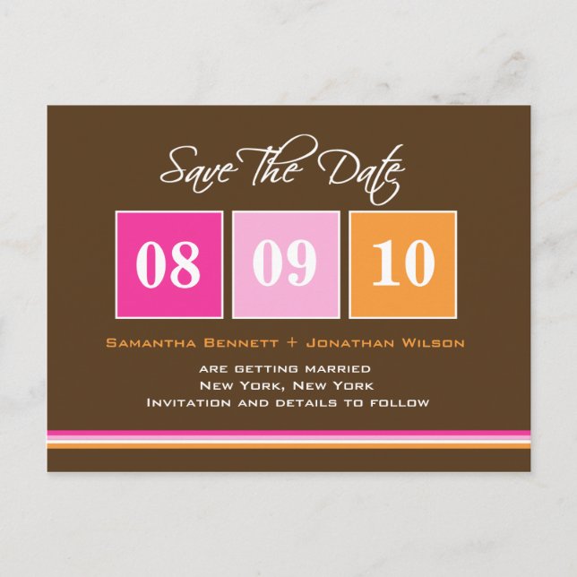 Cartão Postal De Anúncio Blocos de Data - Laranja Rosa (Frente)