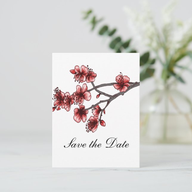Cartão Postal De Anúncio Blossomas de Cereja Simples Vermelho Salvem a Data (Em pé/Frente)