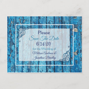 Cartão Postal De Anúncio Blue Antique Weathered Wood Weding Date