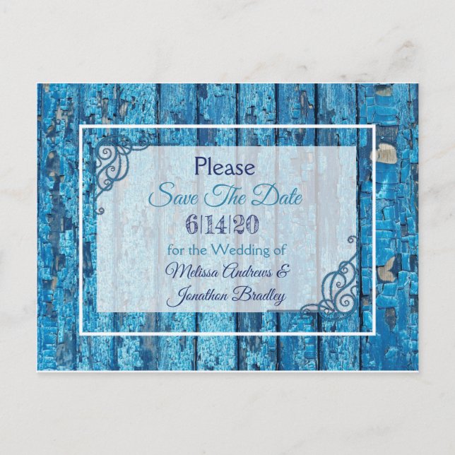 Cartão Postal De Anúncio Blue Antique Weathered Wood Weding Date (Frente)