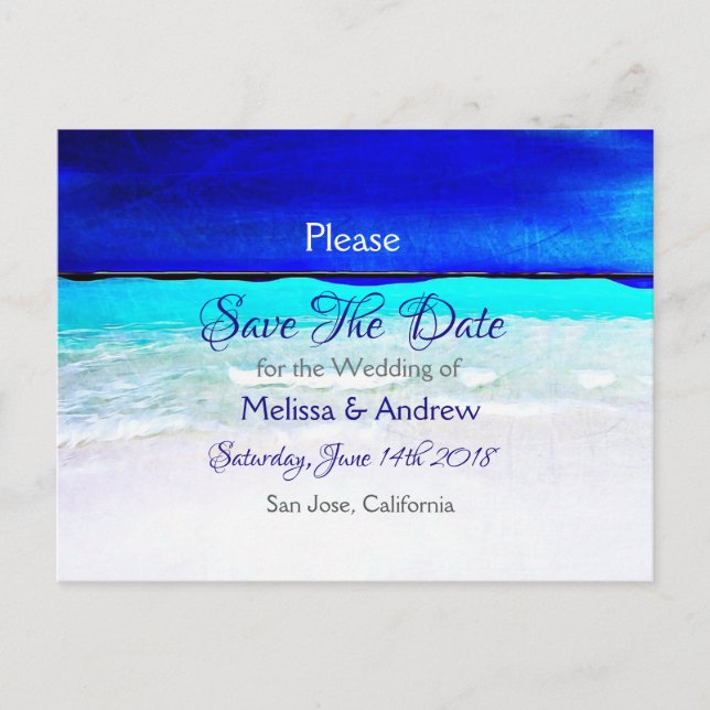 Cartão Postal De Anúncio Blue Beach Ocean Themed Weding Date (Frente)