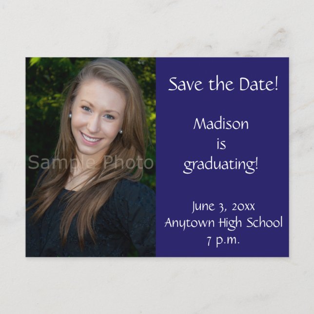 Cartão Postal De Anúncio Blue Custom Photo Graduation Save the Date Card (G (Frente)