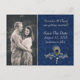Cartão Postal De Anúncio Blue Damask and Peacock Feather Save Date (A Hora 