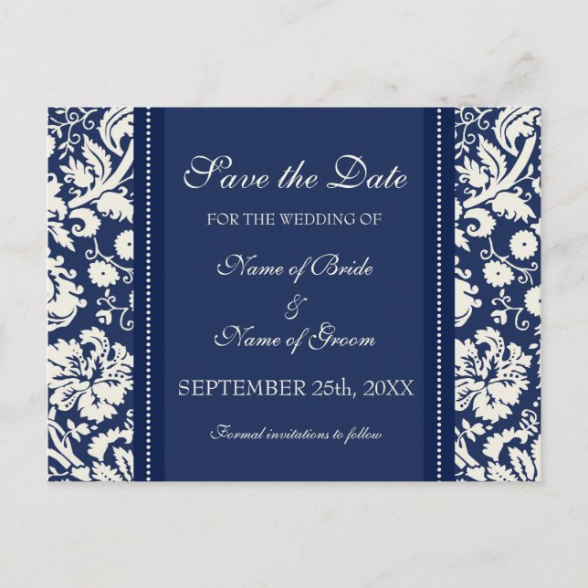 Cartão Postal De Anúncio Blue Damask Save the Date Wedding Postcards (Frente)