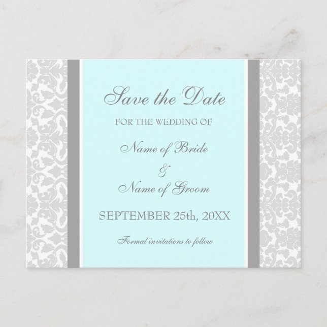 Cartão Postal De Anúncio Blue Damask Save the Date Wedding Postcards (Frente)
