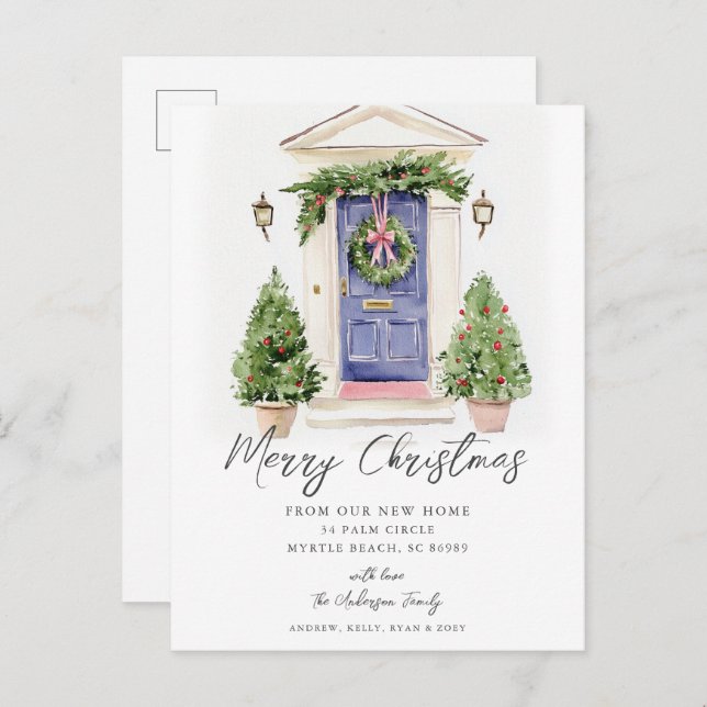 Cartão Postal De Anúncio Blue Door Rustic Christmas New Home Card (Frente/Verso)
