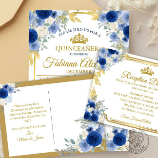 Cartão Postal De Anúncio Blue & Gold Floral Save the Date