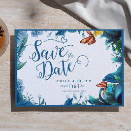 Cartão Postal De Anúncio Blue Green Watercolor Foliage Butterfly Wedding
