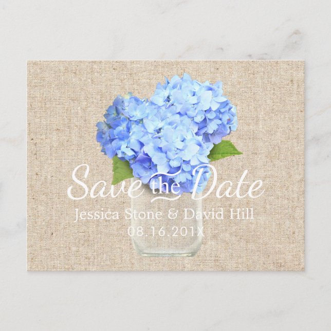 Cartão Postal De Anúncio Blue Hydrangea Mason Jar Weding Date (Frente)
