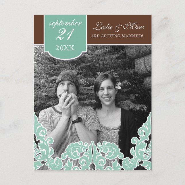 Cartão Postal De Anúncio Blue Leaf Swirl Damasco 2 Salvar a Data (Frente)