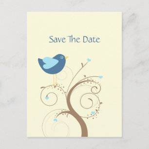 Cartão Postal De Anúncio Blue Lovebird and Hearts Save The Date (Passarinho