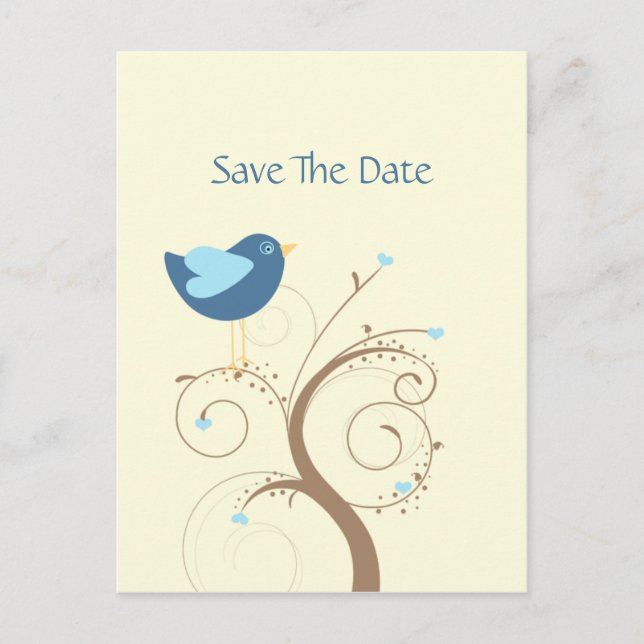 Cartão Postal De Anúncio Blue Lovebird and Hearts Save The Date (Passarinho (Frente)