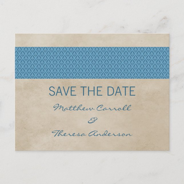 Cartão Postal De Anúncio Blue Rustic Damask Save the Date Postcard (Frente)