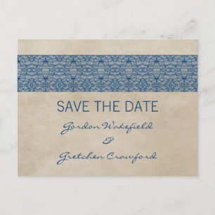 Cartão Postal De Anúncio Blue Rustic Lace Salve o Cartão-Postal de Data