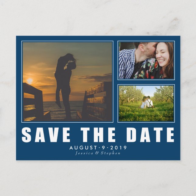 Cartão Postal De Anúncio Blue Save The Date 3 Photo Modern Postcard (Frente)
