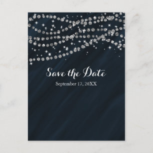 Cartão Postal De Anúncio Blue & Silver Faux Diamond Bling Save The Date