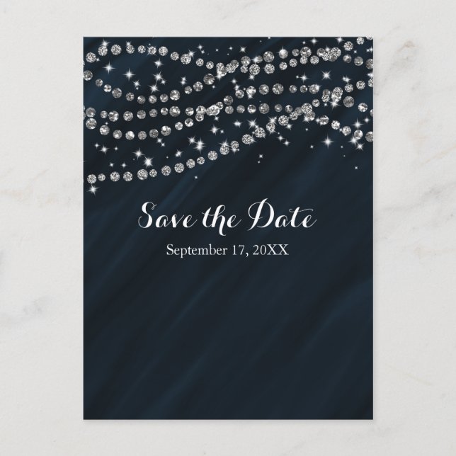 Cartão Postal De Anúncio Blue & Silver Faux Diamond Brilho Save The Date (Frente)