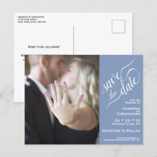 Cartão Postal De Anúncio Blue Wedding Salva a data Foto e caligrafia