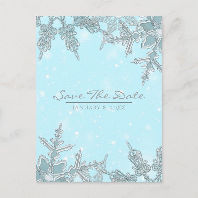Cartão Postal De Anúncio Blue Winter Wonderland Snowflakes Salve a data (Frente)