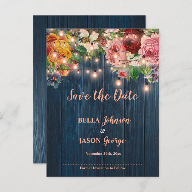 Cartão Postal De Anúncio Blue Wood Floral Lights Wedding Save The Date (Frente/Verso)