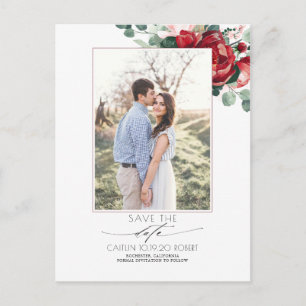 Cartão Postal De Anúncio Blush e Burgundy Red Floral Salvar a Data