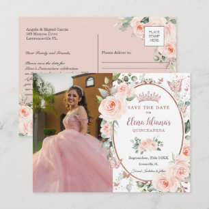 Cartão Postal De Anúncio Blush Floral Rosa Dourado Borboletas Quinceañera