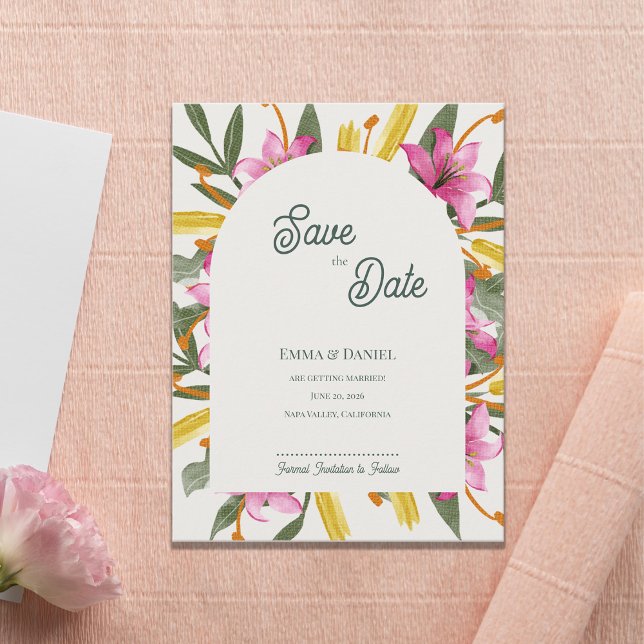 Cartão Postal De Anúncio Blush Pink Lily Arched Wedding Save the Date (Blush Pink Lily Arched Save the Date | Romantic Botanical Floral Arch Garden Wedding Announcement )