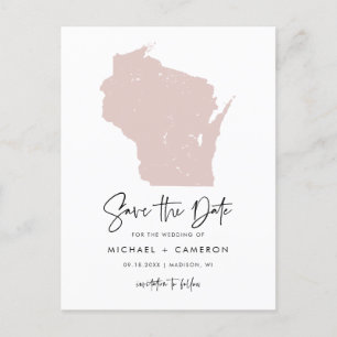 Cartão Postal De Anúncio Blush Pink Map em Wisconsin Modern Salve a Data