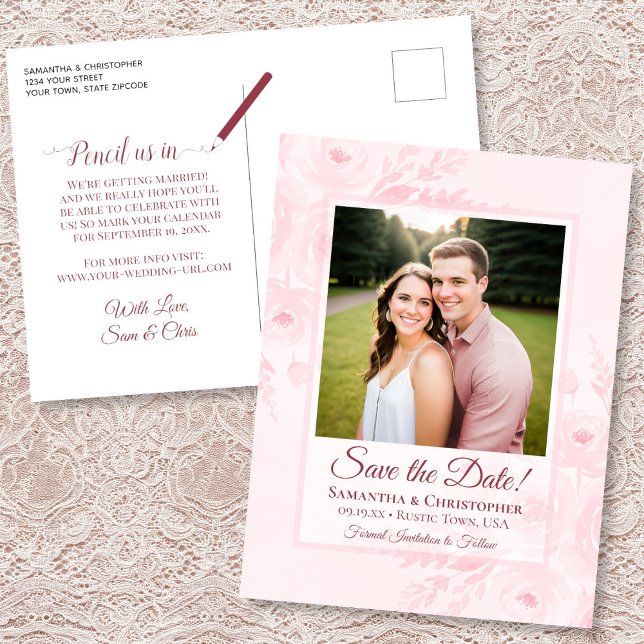 Cartão Postal De Anúncio Blush Pink Peonies & Photo Wedding Save the Date (Front/Back)