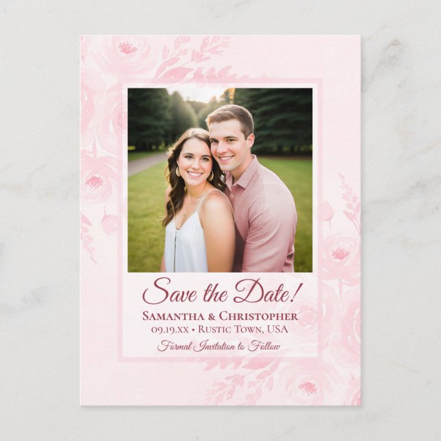 Cartão Postal De Anúncio Blush Pink Peonies & Photo Wedding Save the Date (Frente)
